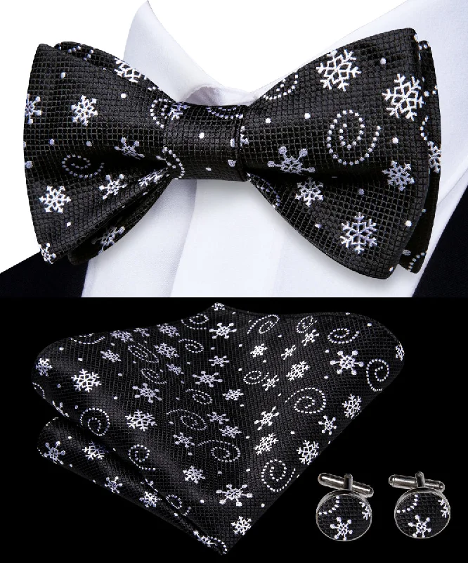 silk bow ties for formal office wear-Christmas Black White Snow Self-tied Bow Tie Pocket Square Cufflinks Set