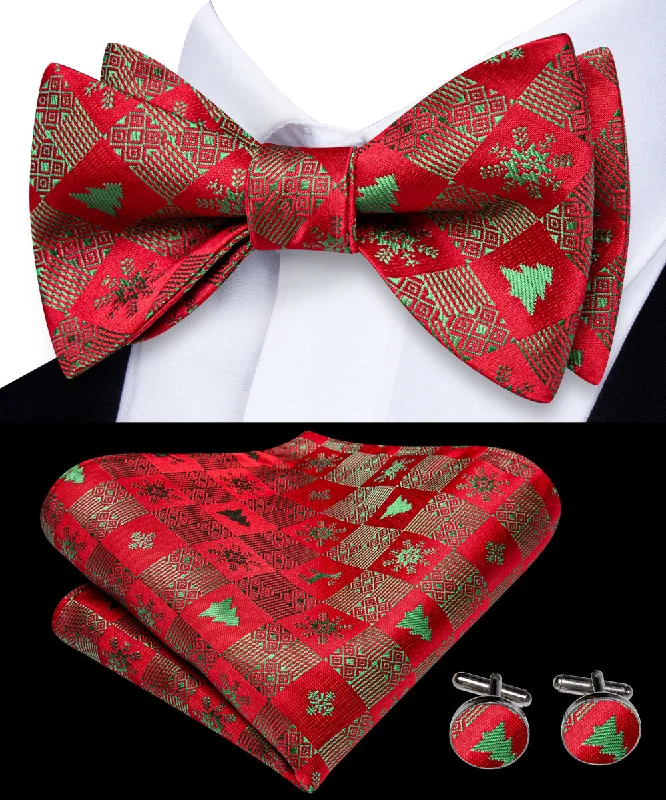 premium silk necktie options for weddings-Christmas Red Green Tree Self-tied Bow Tie Pocket Square Cufflinks Set