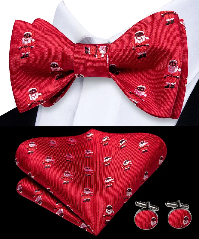 men's silk necktie sets for professional events-Christmas Red Santa Claus Novelty Self-tied Bow Tie Pocket Square Cufflinks Set