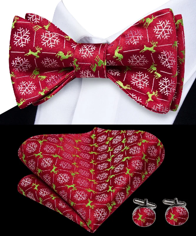 modern silk bow ties for men-Christmas Red White Snow Self-tied Bow Tie Pocket Square Cufflinks Set