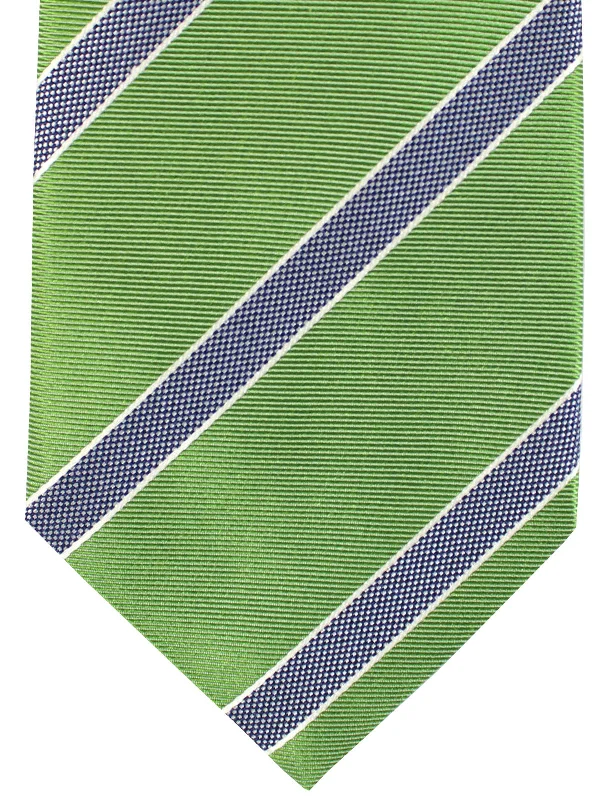 trendy silk bow ties for business wear-Church's Silk Tie Green Navy Silver Stripes FINAL SALE