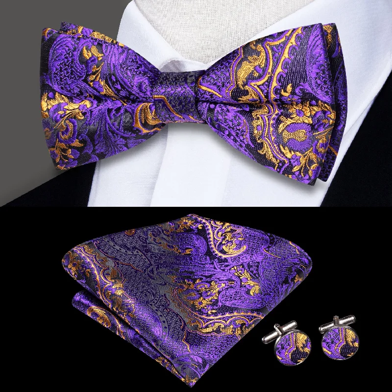 stylish wedding tie combinations for men-Dark Purple Paisley Men's Pre-tied Bowtie Pocket Square Cufflinks Set