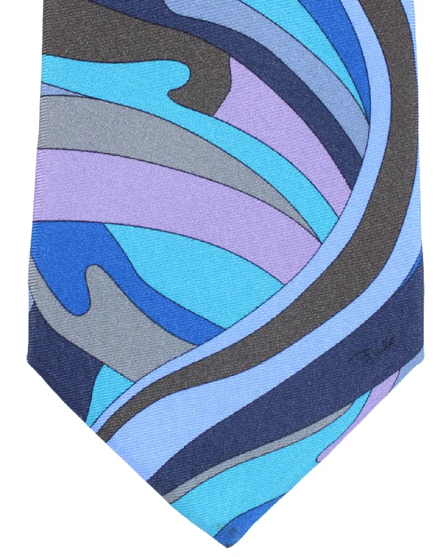 stylish wedding tie combinations for men-Emilio Pucci Silk Tie Signature Blue Gray Brown Lilac Swirl