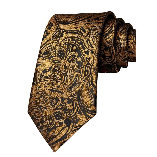 affordable slim silk neckties-Classy Men Gold Black Paisley Silk Tie