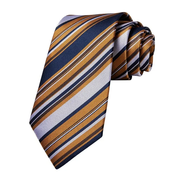 trendy silk necktie designs for men-Classy Men Gold White Blue Striped Silk Tie