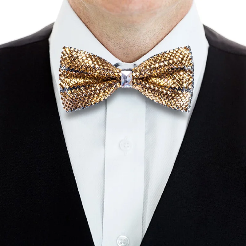 affordable business necktie packs for men-Golden Black Rhinestone Bowtie Men's Pre-tied Bowtie for Party