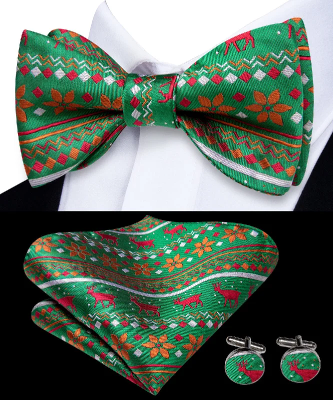 affordable business silk bow ties-Green Red Christmas Deer Silk Self-tied Bow Tie Pocket Square Cufflinks Set