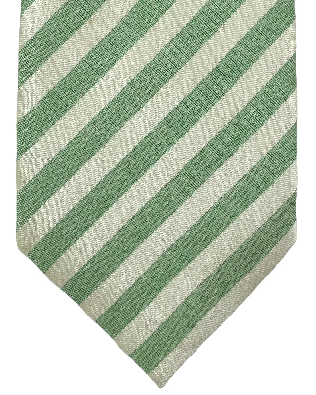 high-end necktie designs for weddings-Isaia Sevenfold Tie Green White-Silver Stripes Design - Cotton Silk SALE