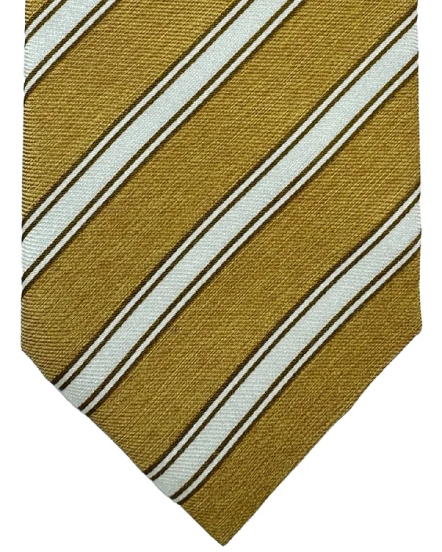 unique silk ties for business attire-Isaia Sevenfold Tie Mustard Brown White Stripes Design SALE