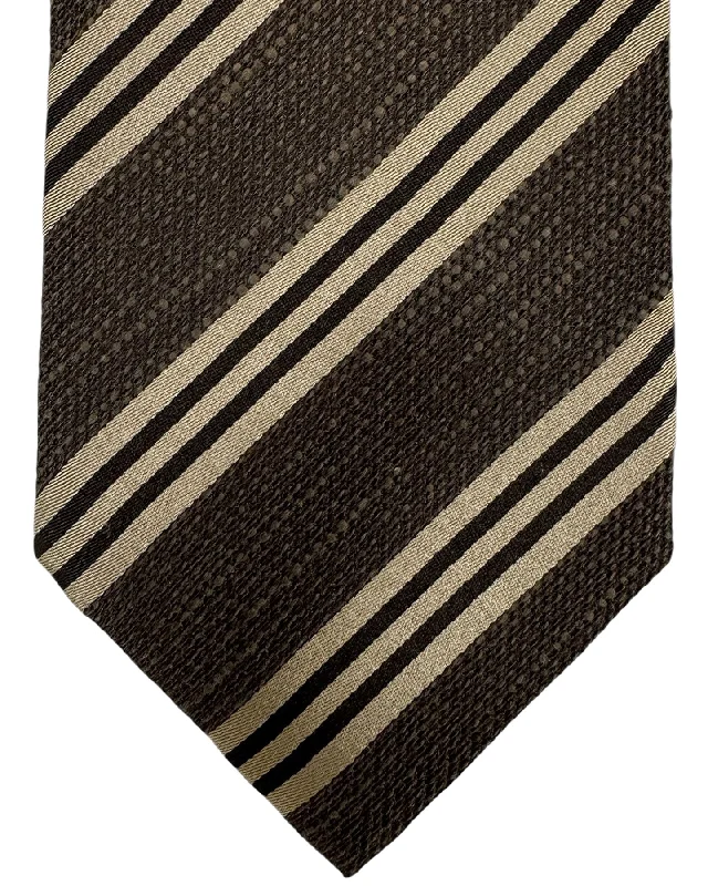 modern wedding silk necktie designs-Isaia Tie Brown Stripes Design - Sevenfold Silk Blend Necktie