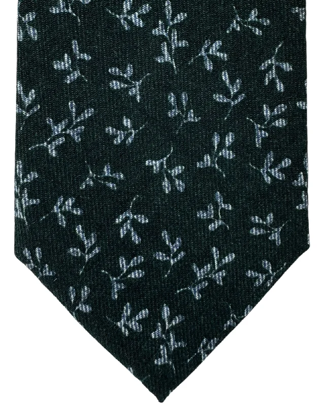 silk ties for men’s formal gatherings-Isaia Tie Dark Green Gray Leaves Design - Sevenfold Wool Necktie