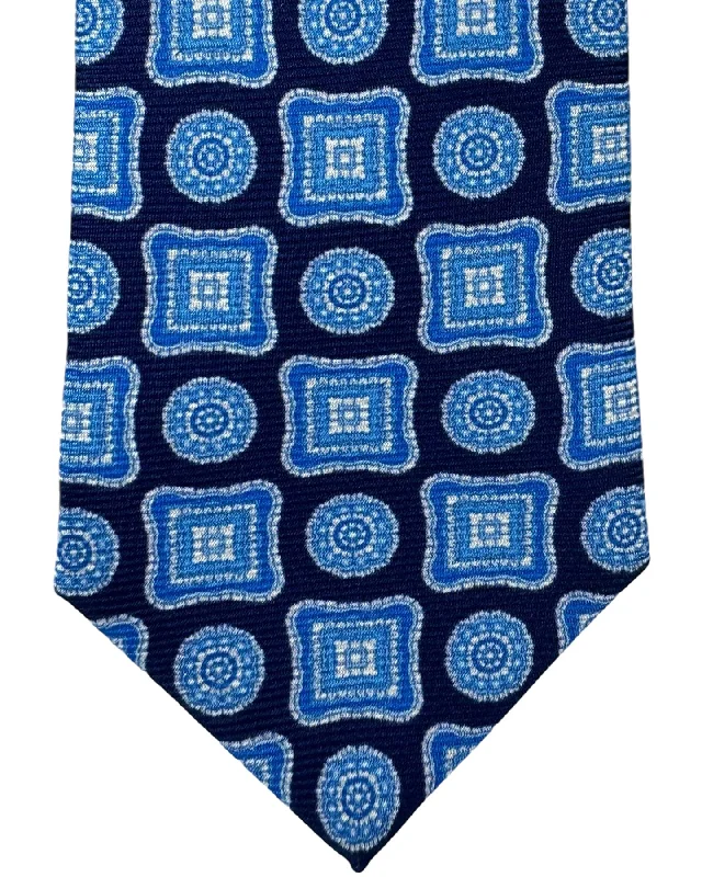 premium silk wedding tie sets-Kiton Tie Blue Dark Blue Geometric Floral - Sevenfold Necktie