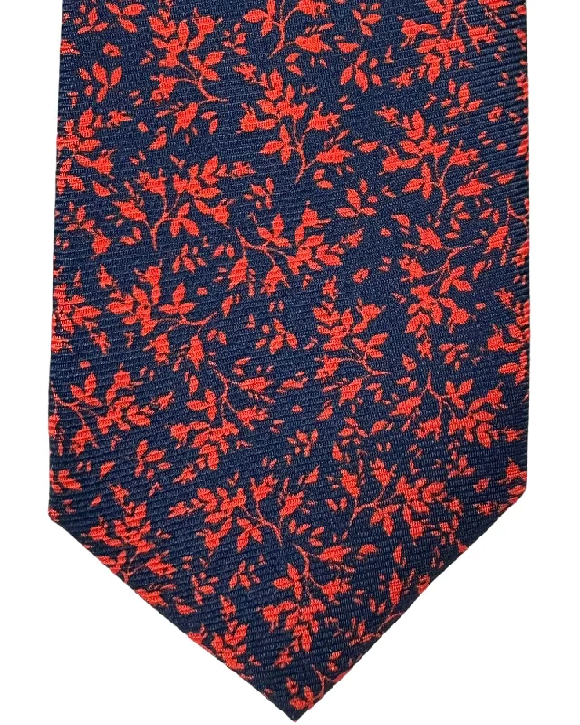 stylish necktie combinations for men-Kiton Tie Dark Blue Orange Leaves Floral - Sevenfold Necktie