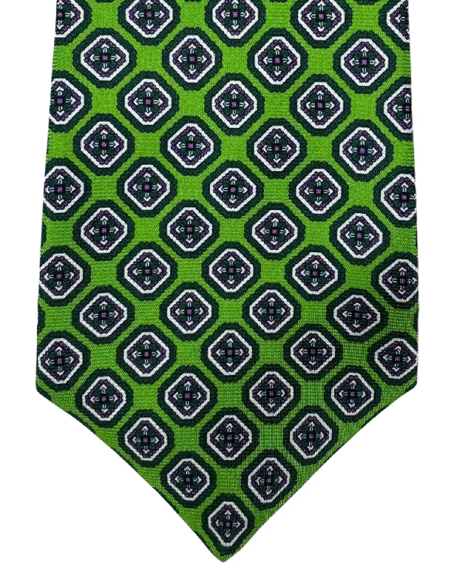 designer bow ties for formal events-Kiton Tie Green Purple Medallion - Sevenfold Necktie