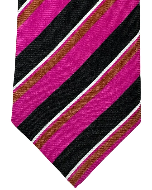 trendy silk wedding bow ties-Kiton Tie Pink Brown Black Stripes - Sevenfold Necktie