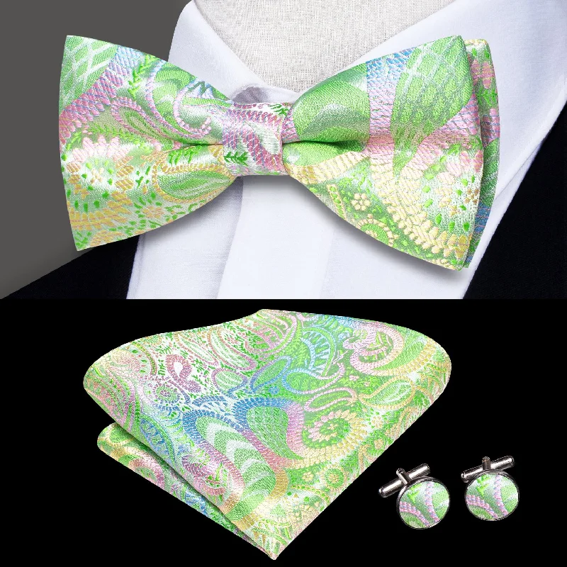 stylish silk necktie sets for casual office wear-Light Green Gradient Paisley Men's Pre-tied Bowtie Pocket Square Cufflinks Set