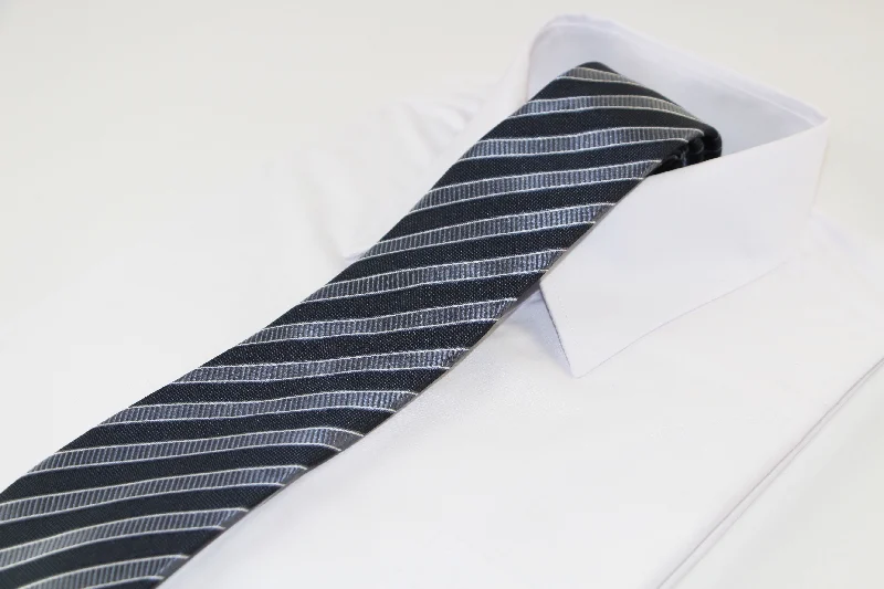 trendy silk necktie styles for men-Mens Grey & Gunmetal Striped Patterned 8cm Neck Tie