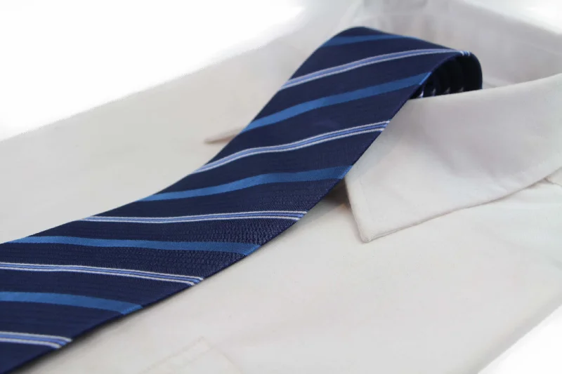 silk ties with unique patterns for weddings-Mens Navy And Blue Striped 8cm Patterned Neck Tie