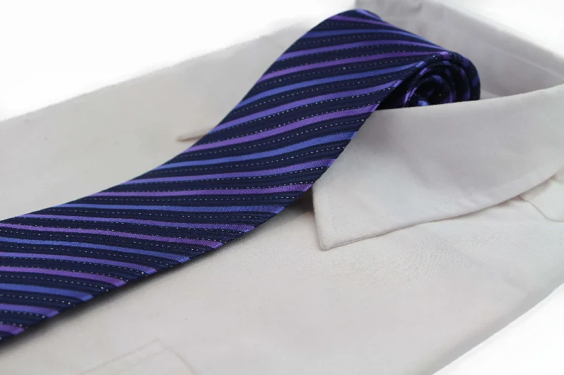 trendy silk bow ties for business wear-Mens Navy & Purple Striped 8cm Patterned Neck Tie