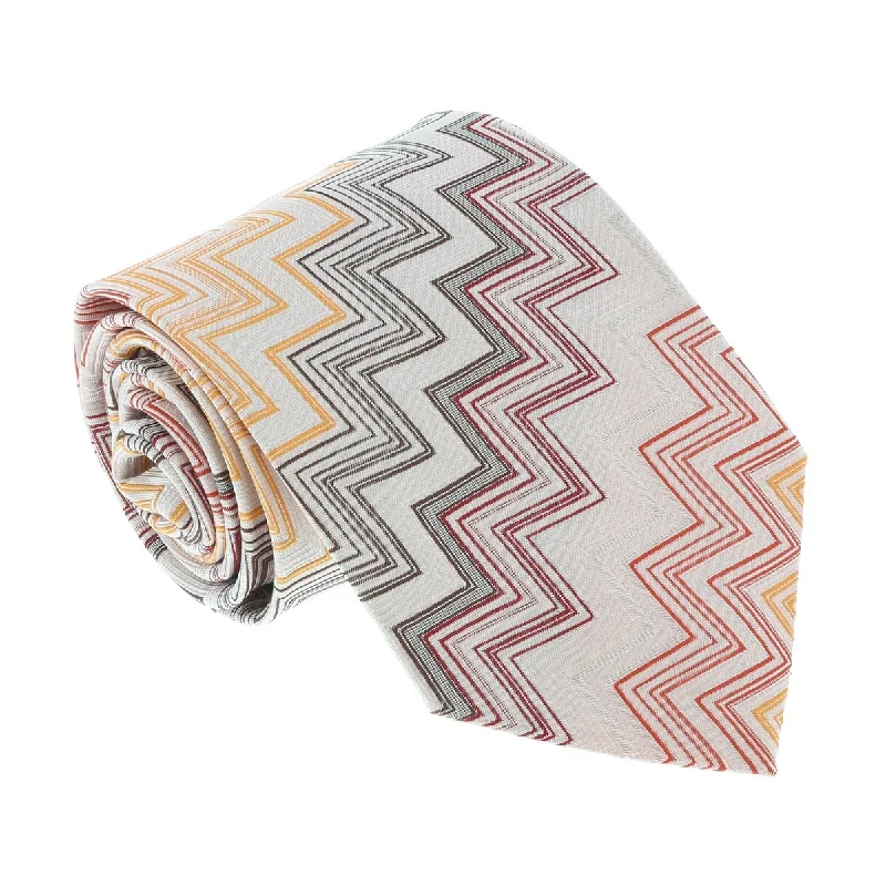 premium silk necktie options for weddings-Missoni U4312 Orange/Silver Chevron 100% Silk Tie for mens