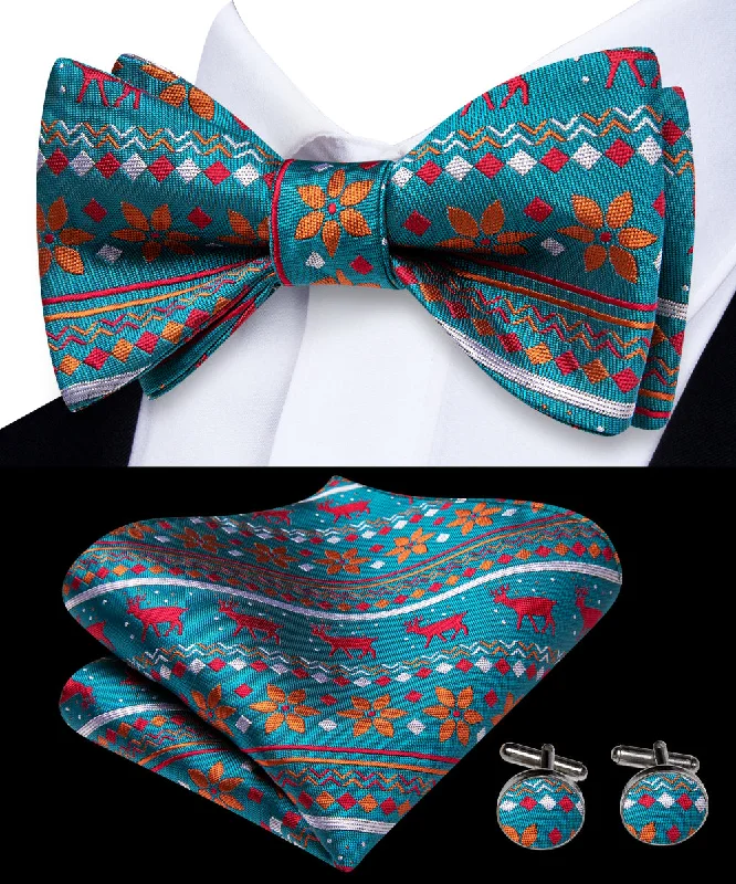 trendy men's silk necktie sets-Pale Blue Christmas Red Deer Silk Self-tied Bow Tie Pocket Square Cufflinks Set