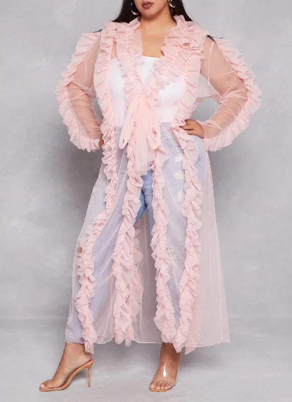 luxurious silk necktie brands-Plus Size Ruffled Tulle Tie Front Duster