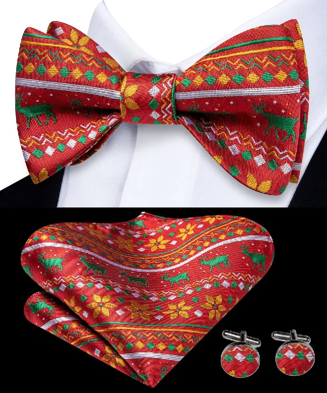 trendy office silk tie designs-Red Green Christmas Deer Silk Self-tied Bow Tie Pocket Square Cufflinks Set