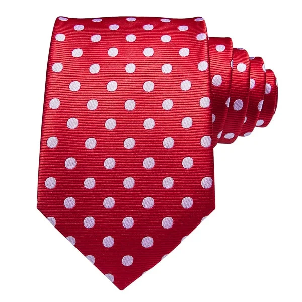 affordable wedding necktie sets-Classy Men Red White Polka Dot Silk Tie