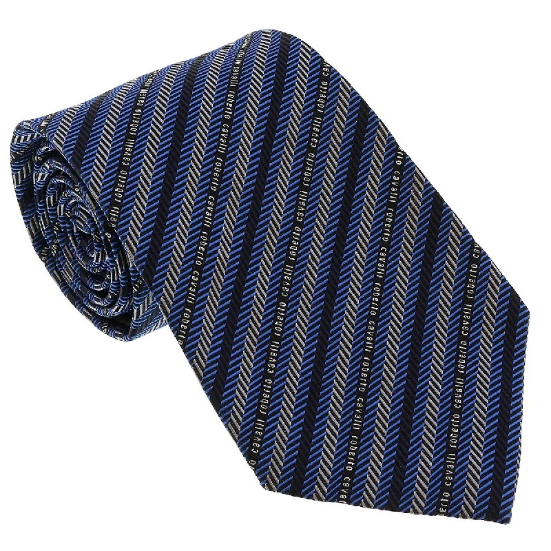 designer men's necktie options-Roberto Cavalli ESZ040 04935 SkyBlue Regimental Stripe Herringbone Tie for Mens