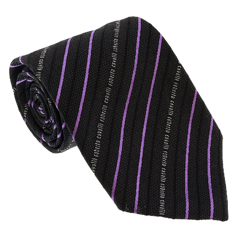 high-end designer silk bow ties-Roberto Cavalli ESZ042 D1355 Dark Grey/ Violet Regimental Stripe Tie for Mens