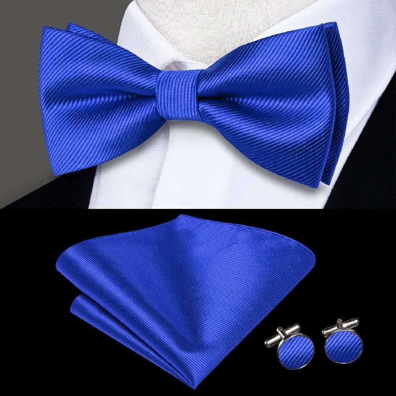 affordable silk ties for wedding parties-Royal Blue Striped Men's Pre-tied Bowtie Pocket Square Cufflinks Set