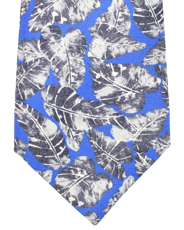 men's necktie sets for wedding parties-Sartorio Sevenfold Tie Royal Blue Gray Leaves FINAL SALE