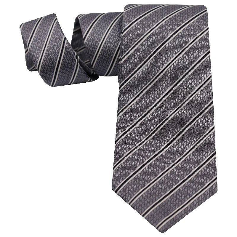 vibrant necktie colors for office wear-SILVER GREY AND BLACK STRIPE ON CHARCOAL GREY SILK TIE