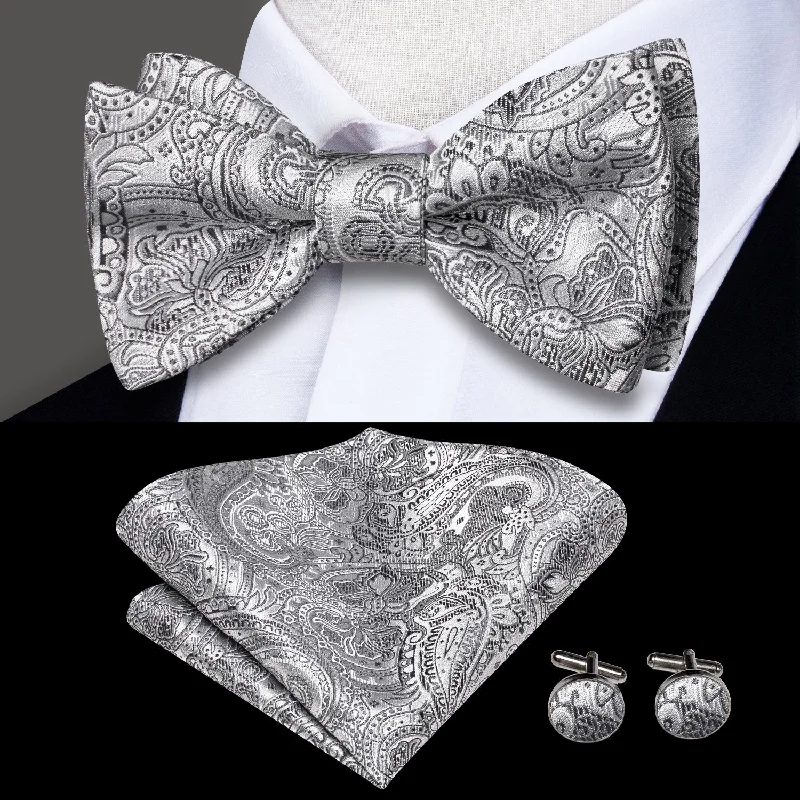 formal silk necktie sets for office wear-Silver Grey Paisley Self-tied Bow Tie Pocket Square Cufflinks Set