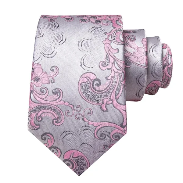 trendy silk necktie designs for weddings-Classy Men Silver Pink Floral Silk Tie