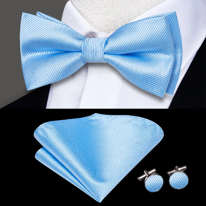 silk necktie combinations for casual wear-Sky Blue Striped Men's Pre-tied Bowtie Pocket Square Cufflinks Set