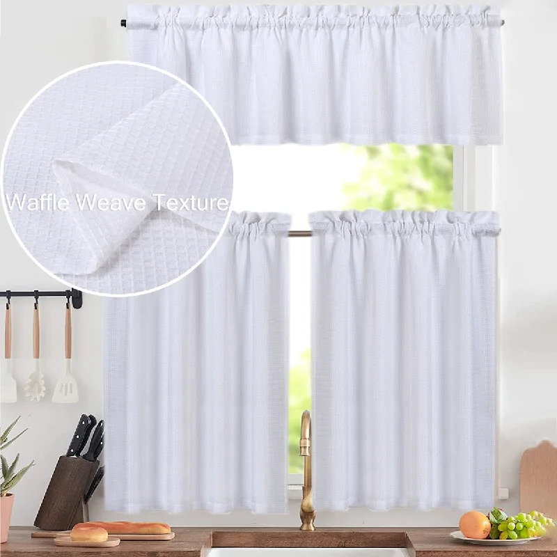 affordable office silk bow ties-Waffle Semi-Sheer Rod Pocket Kitchen Tier Curtain and Valance Set