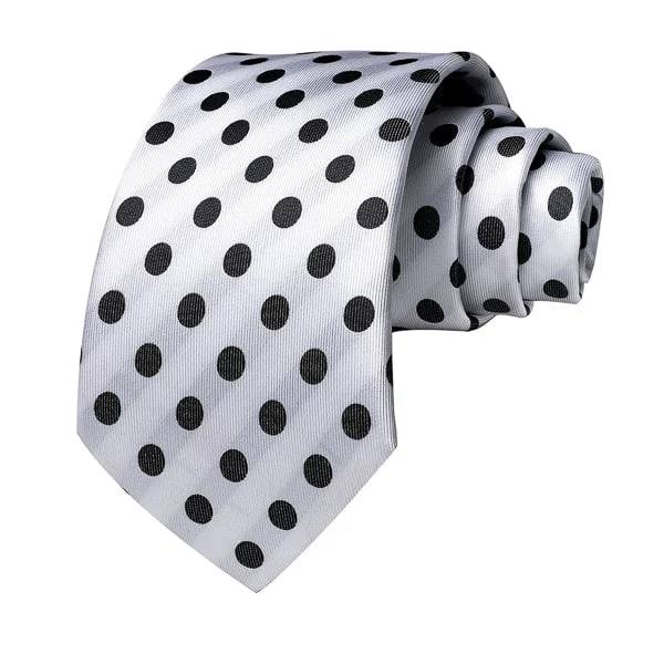 men's necktie sets for formal events-Classy Men White Black Polka Dot Silk Tie