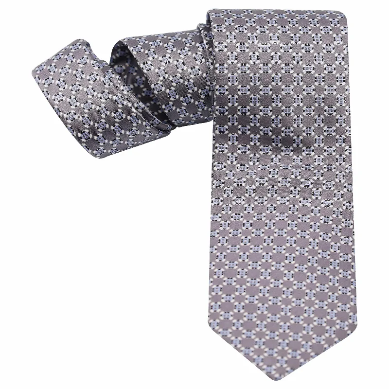 luxury necktie designs for business wear-WHITE FOULARD ON MID GREY SILK TIE