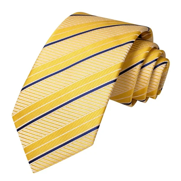 men's necktie sets for wedding parties-Classy Men Yellow Gold Blue Striped Silk Tie