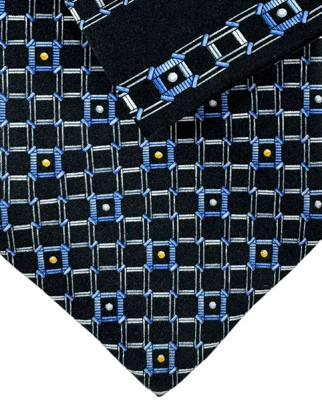 unique office tie styles for men-Zilli Tie & Matching Pocket Square Set Black Blue Orange Gold Geometric