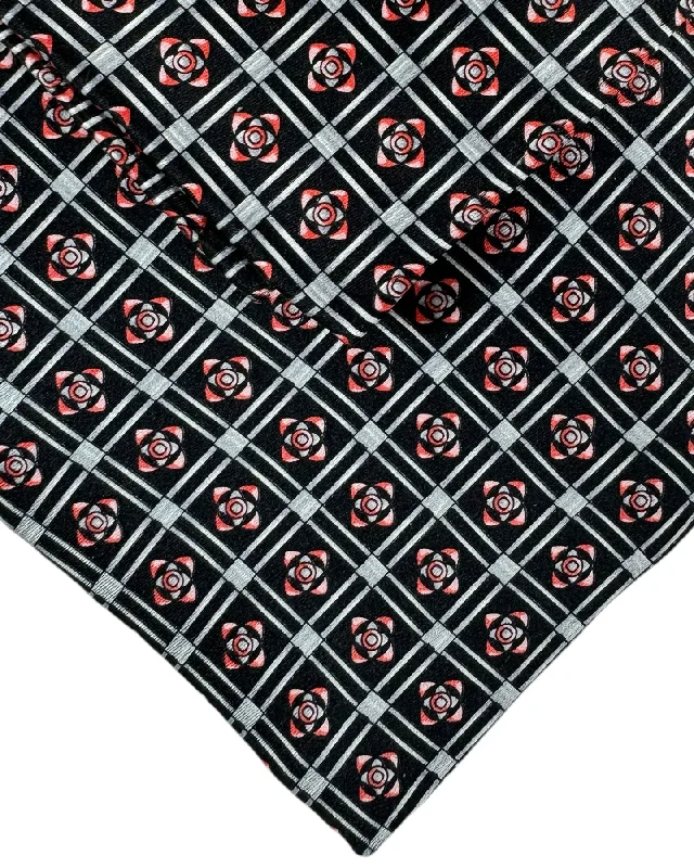 luxury necktie options for office wear-Zilli Tie & Matching Pocket Square Set Black Gray Red Pink Medallion Check