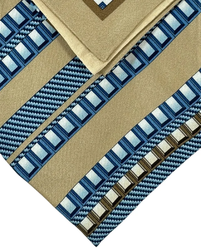 stylish designer silk ties-Zilli Tie & Matching Pocket Square Set Cream Blue Stripes FINAL SALE