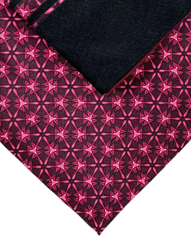 colorful silk necktie combinations-Zilli Tie & Matching Pocket Square Set Purple Magenta Geometric