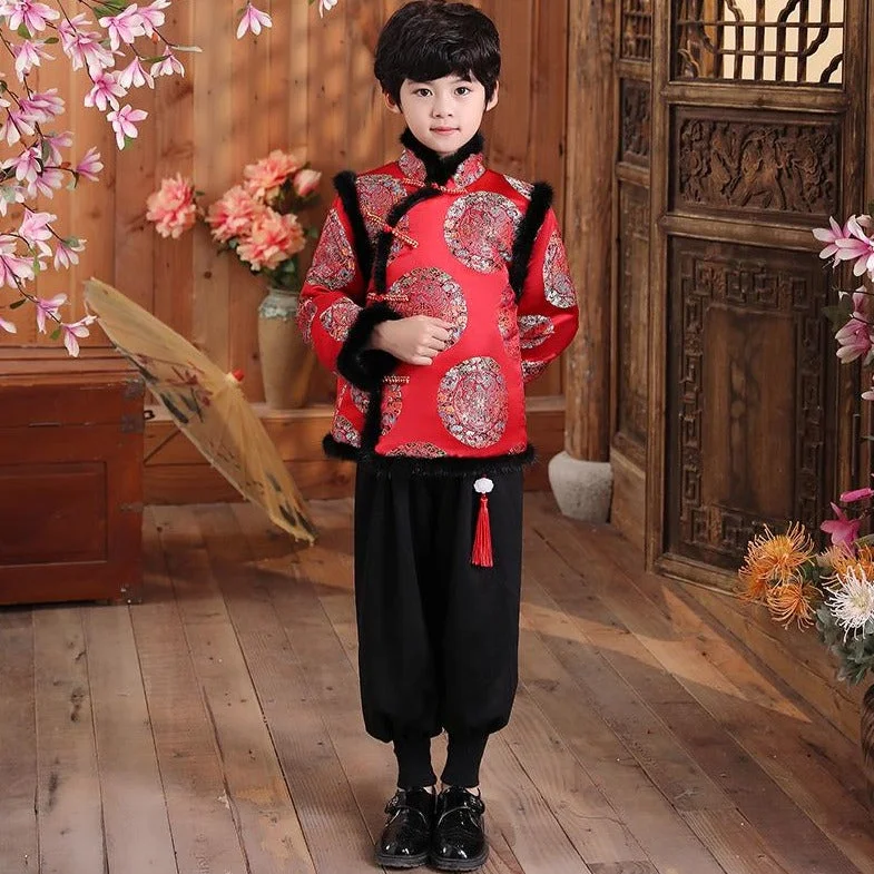 Men's high-end grey suit jacket -Auspicious Pattern Brocade Fur Edge Chinese Style Boy's Wadded Suit