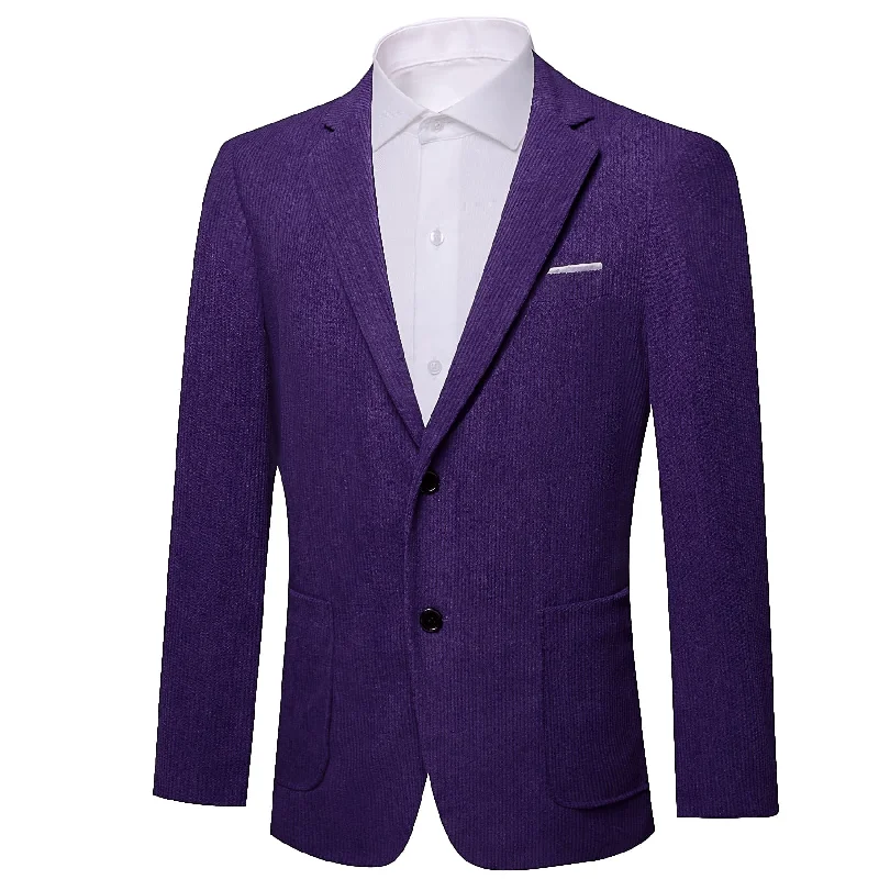 Men's premium black tuxedo jacket -Barry Wang Indigo Purple Solid Mens Notched Lapel Corduroy Dress Suit