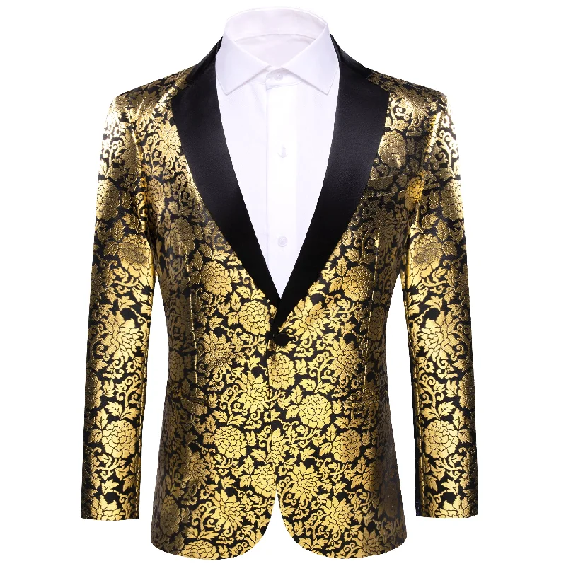 Men's designer office business suit -Barry.wang Men's Floral Suit Black Gold Notched Collar Suit Dress Party