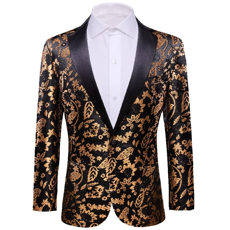 Men's formal black wool tuxedo -Barry.wang Men's Notched Collar Suit Gold Floral Suit Jacket