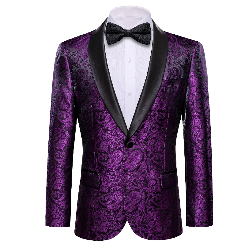 Men's premium navy blue tuxedo -Barry.wang Men's Shawl Collar Suit Purple Paisley Suit Jacket