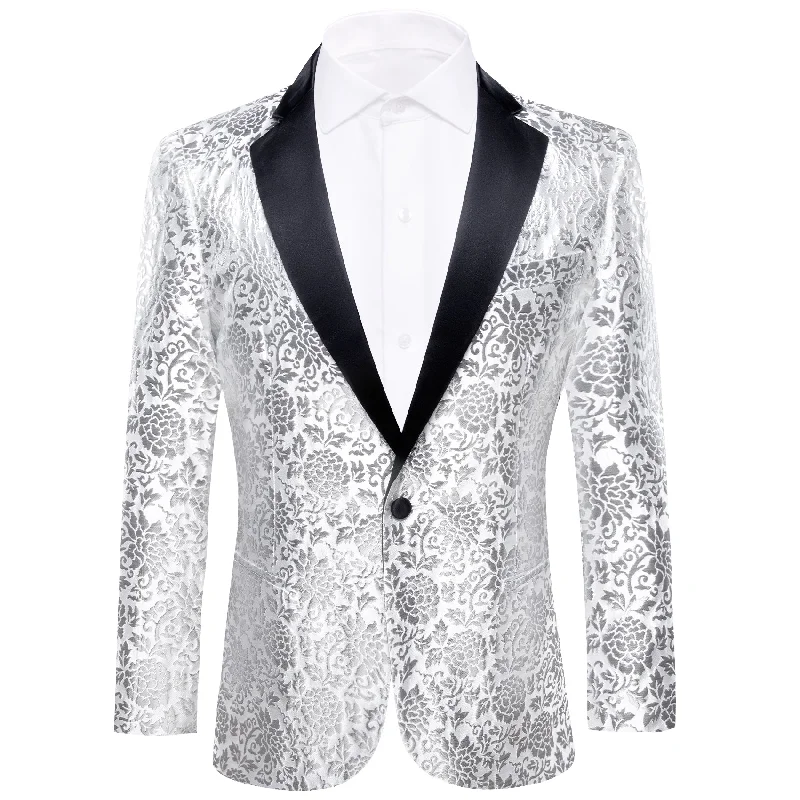 Men's blue wool wedding tuxedo -Barry.wang  Men's Shirt White Floral Notched Collar Suit Jacket